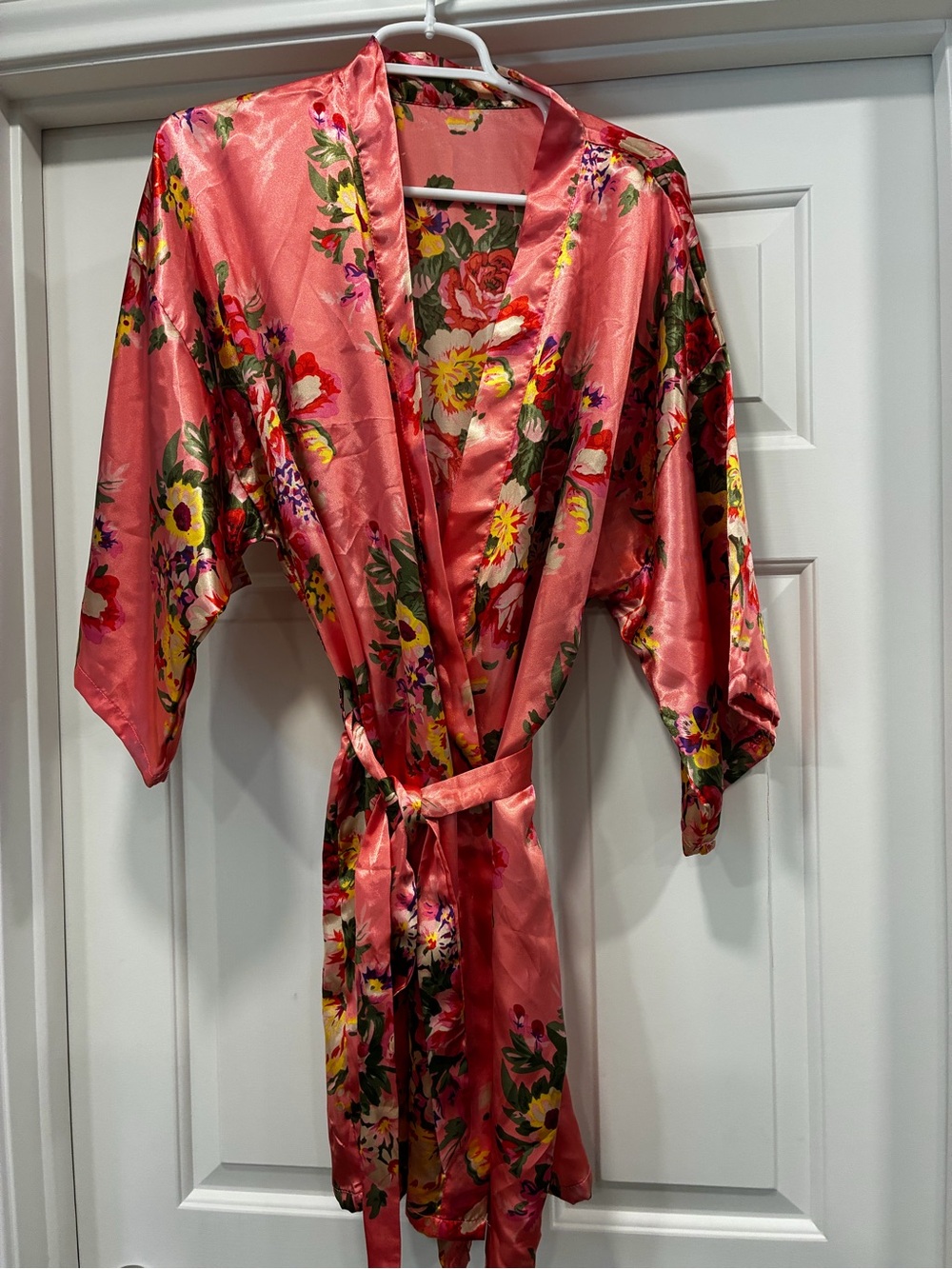 Silky Floral Kimono Robe in Coral Pink